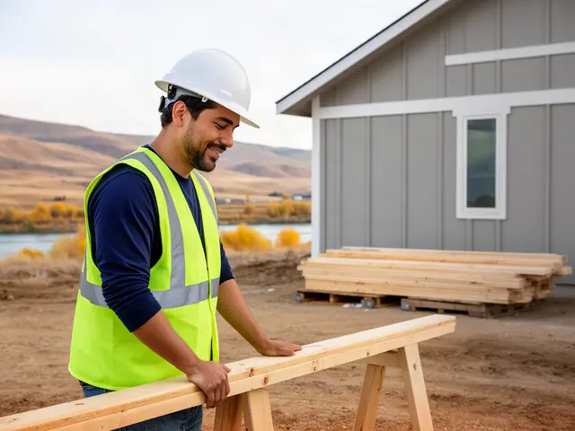 A builder in a hard hat and safety vest on a home construction site.