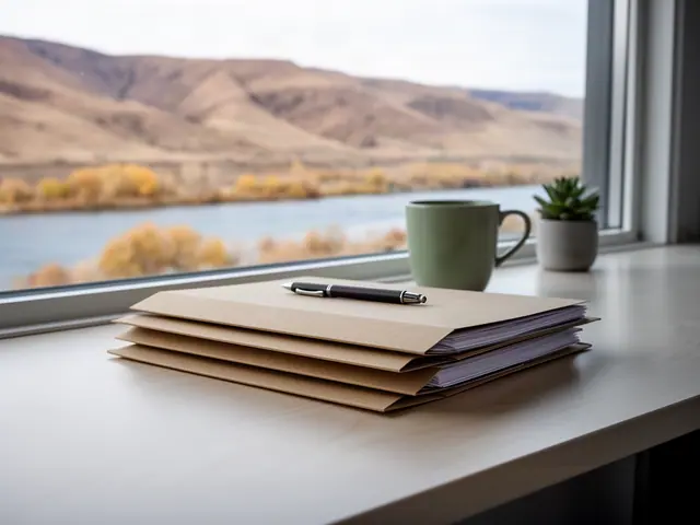 A neat stack of closed manila folders and a pen on a desk by a window.