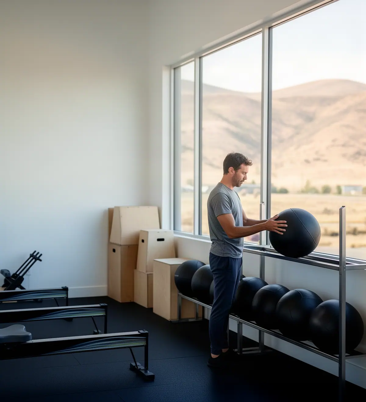 A fitness-studio owner lining up medicine balls on a low rack beside rowing machines before opening.