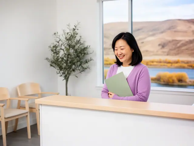 A clinic office manager holding a folder behind a reception counter.