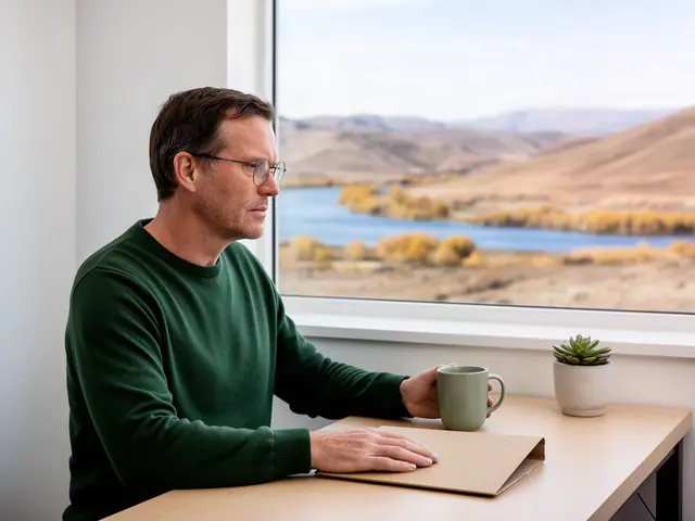 A man with short brown hair and wire-rimmed glasses at a desk with a folder and a mug in a small back office.
