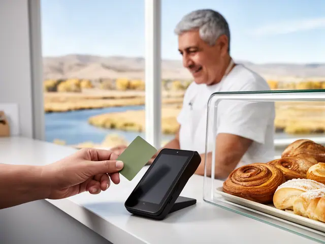 A customer taps a card on a counter terminal at a small panaderia.