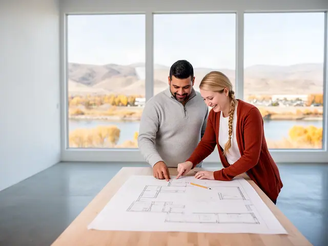 Two business partners looking over a pencil floor sketch in an empty storefront.