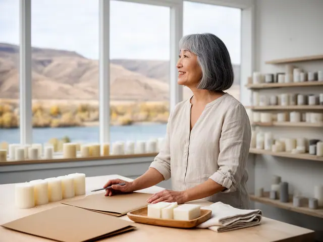 A woman with a short gray bob at a work table with a closed folder in a small candle and soap workshop.